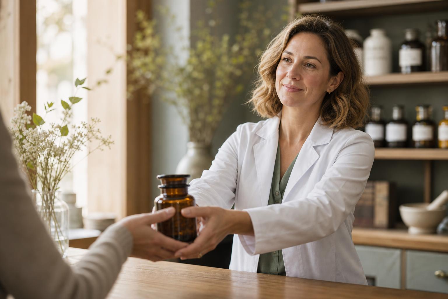 Helles, modernes Apothekeninterieur in sanften Naturtönen